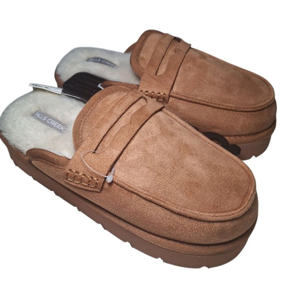 Falls Creek Platform Slippers Lined Brown Faux Fur Womens Medium 7 8 Winter Warm